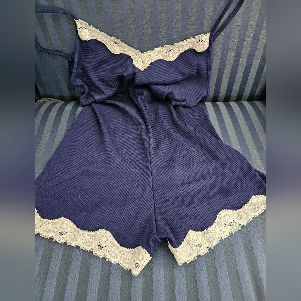 Petra Fashions Elegant Lace-Trimmed Navy Sleep Romper Size Medium